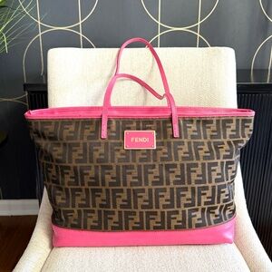 Authentic Fendi Zucca canvas tote bag pink leather